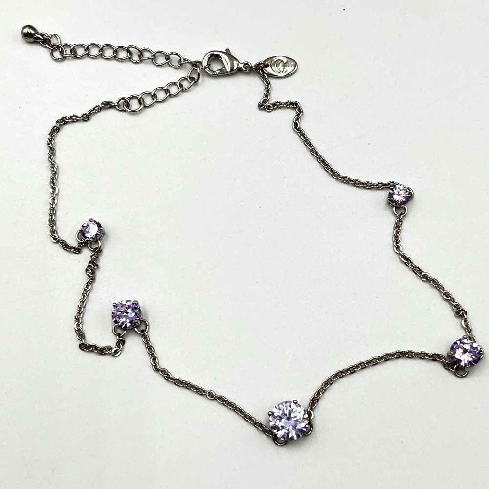 Vintage Charming Charlie Silver Tone Lavender CZ Station Necklace Retro Y2K Glam - Picture 3 of 11